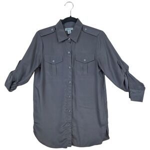 DKNY Gray Utility Button Front Blouse XS Roll‎ Tab Sleeve Minimalist Office Top